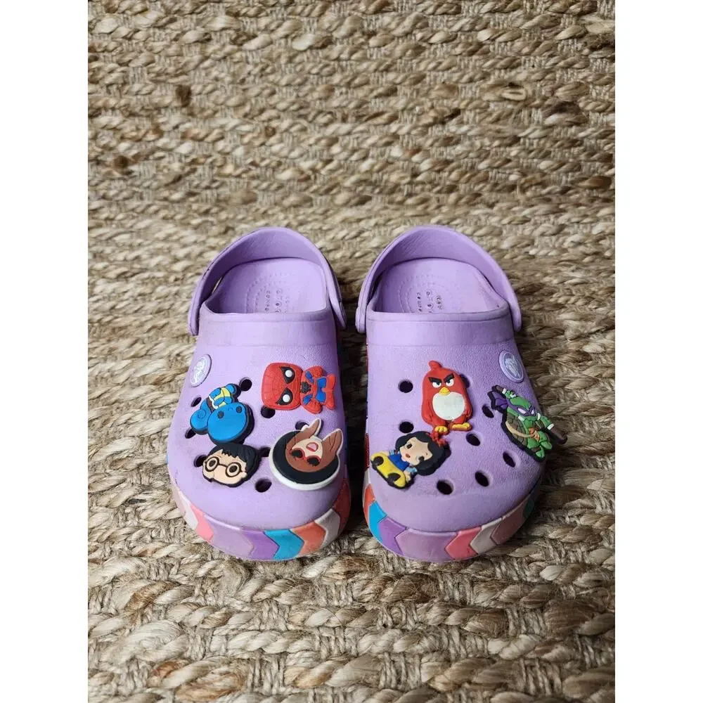 Crocs Shoes Girls Sz. C 10 Crocband Chevron Beaded Clogs Purple Rainbow Jib Bitz